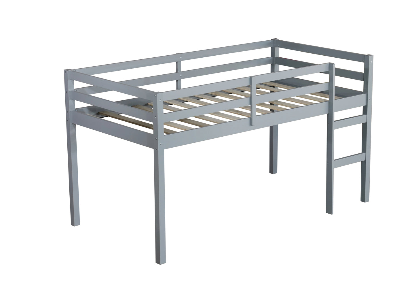 Solid Wooden, Rubber Wooden Twin Loft Bed with Ladder, Bed Platform of Strengthened Slats , Grey