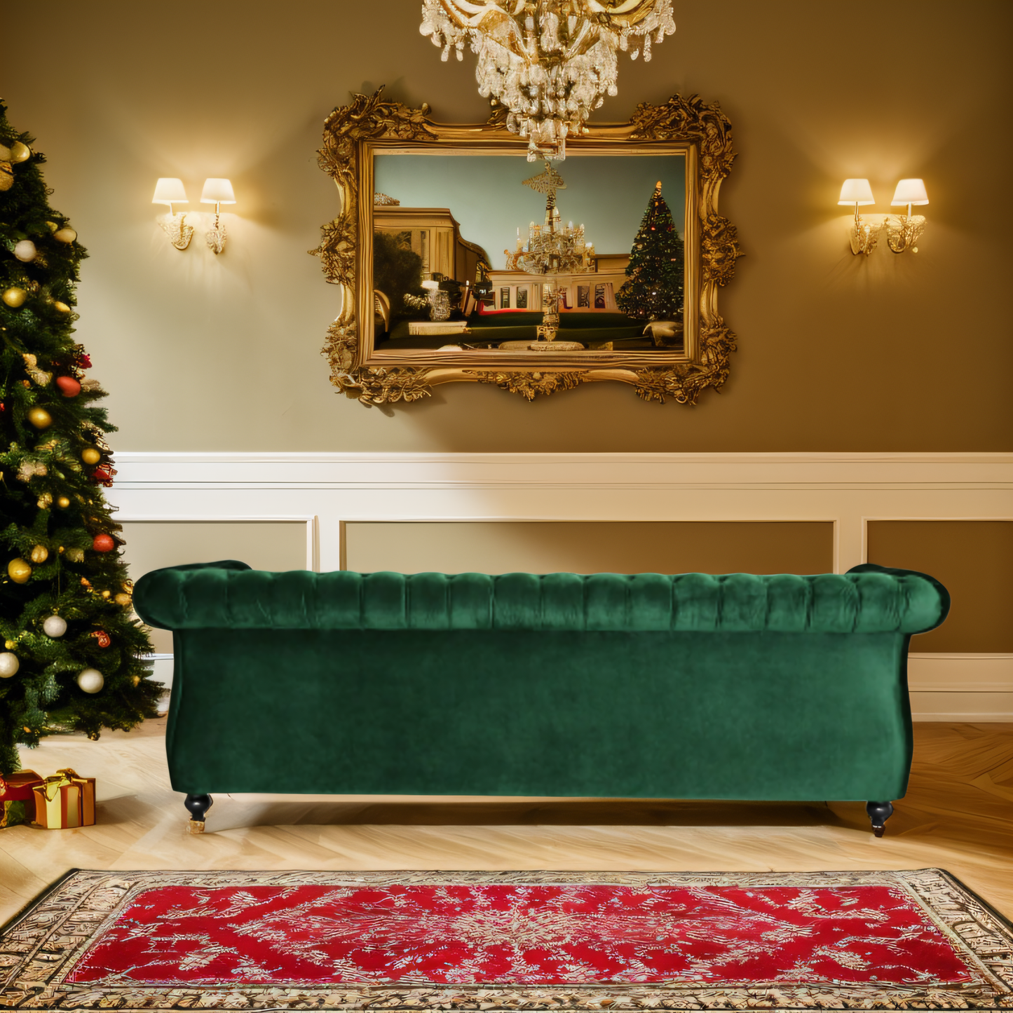 Durable 3-Seater Emerald Velvet Sofa, Combining Luxurious Comfort with Christmas Design, Perfect for Elegant Living Spaces, Featuring Plush Upholstery for Relaxation and a Touch of Sophisticated Style