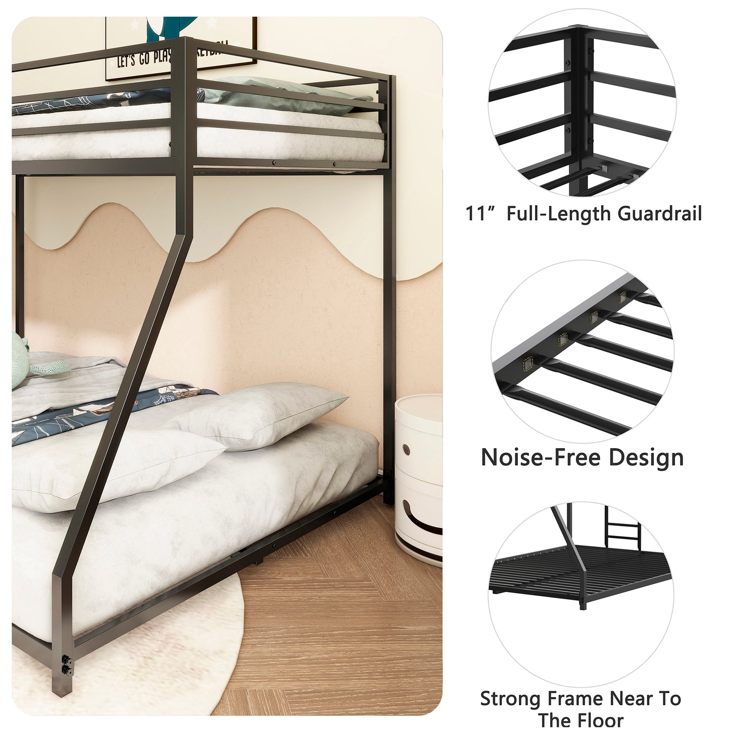 Adam Sturdy Twin over Full Metal Bunk Black for Kids and Adult, Low Profile and Easy Climbing with Stable Ladder