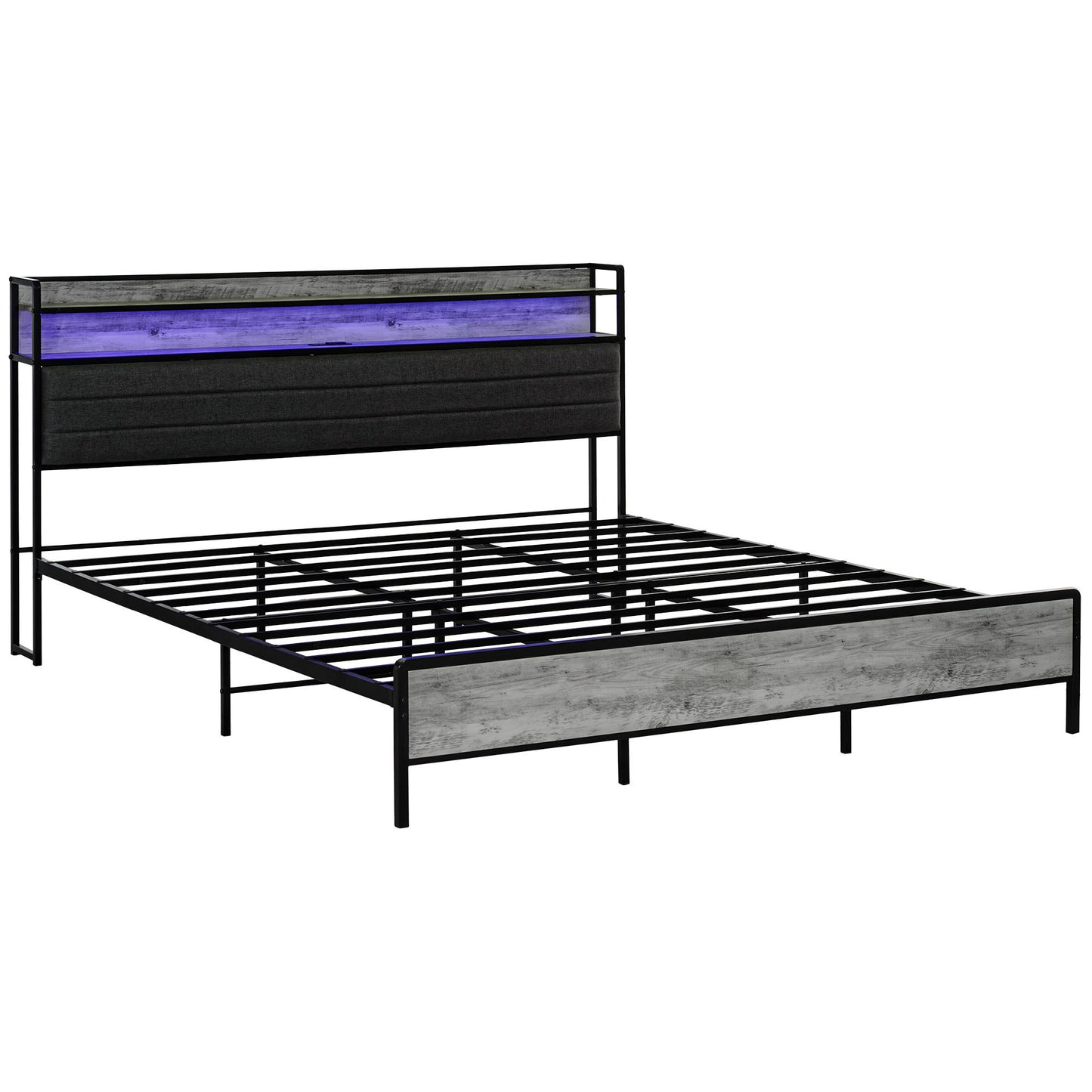 HOMCOM King Size Bed Frame with Storage Headboard, Upholstered Platform Bed Frame with LED Lights, Charging Station, Steel Slats, Noise-Free & Easy Assembly, No Box Spring Needed, Cement Gray