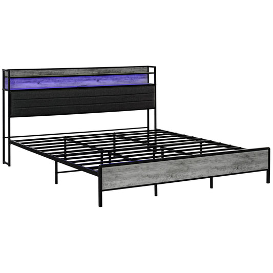 HOMCOM King Size Bed Frame with Storage Headboard, Upholstered Platform Bed Frame with LED Lights, Charging Station, Steel Slats, Noise-Free & Easy Assembly, No Box Spring Needed, Cement Gray