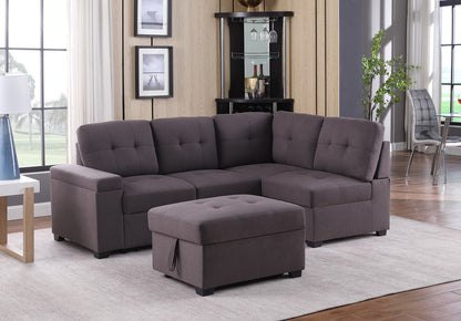 Katie 87.75" Brown Linen Sleeper Sectional Sofa with Storage Ottoman, Storage Arm