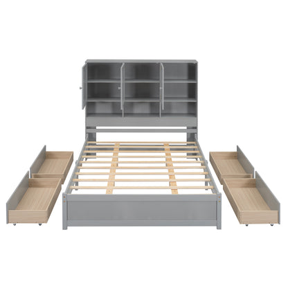 Queen Size Platform Bed with Storage Headboard and 4 Drawers, Gray