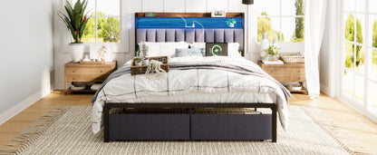 Queen Bed Frames with Storage Headboard and Drawers, LED Platform Bed Frame Queen Size, LED Upholstered Bed Frame with Charging Station, No Box Spring Needed, Easy Assembly, Grey