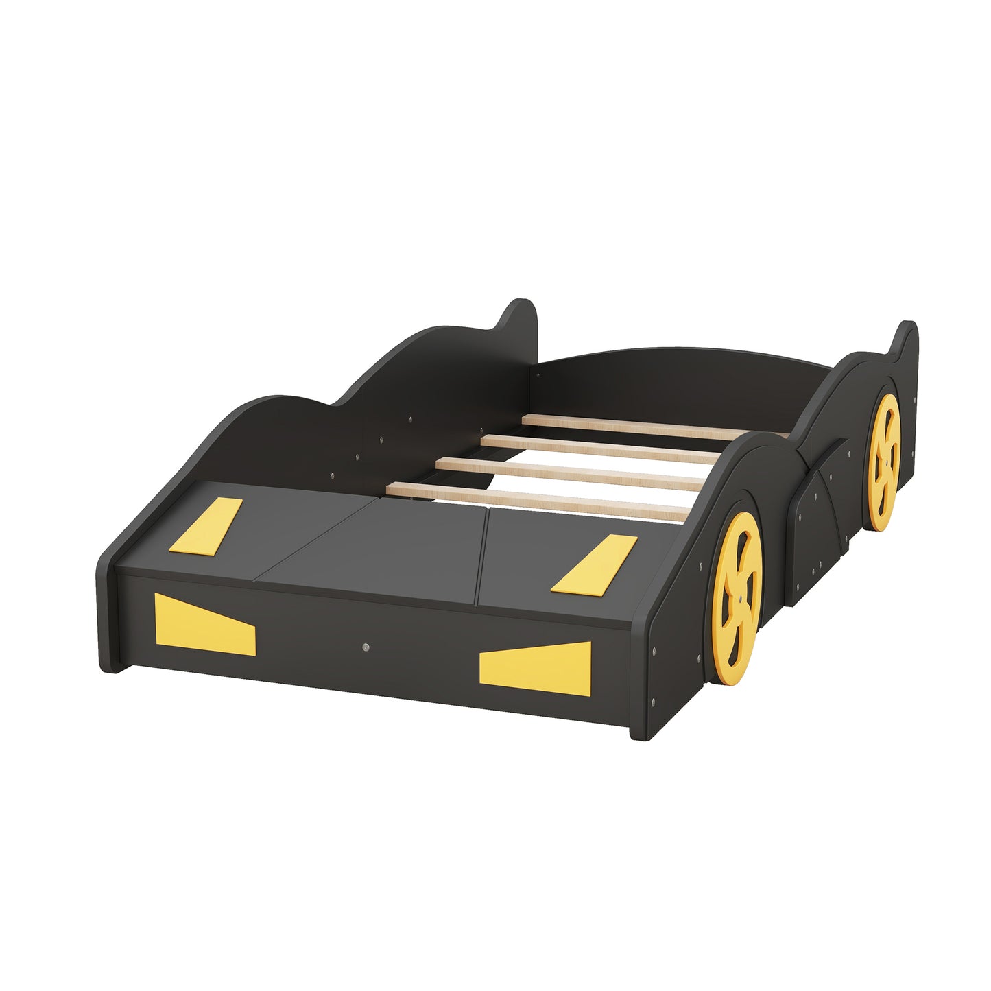 Twin Size Race Car-Shaped Platform Bed with Wheels and Storage, Black+Yellow