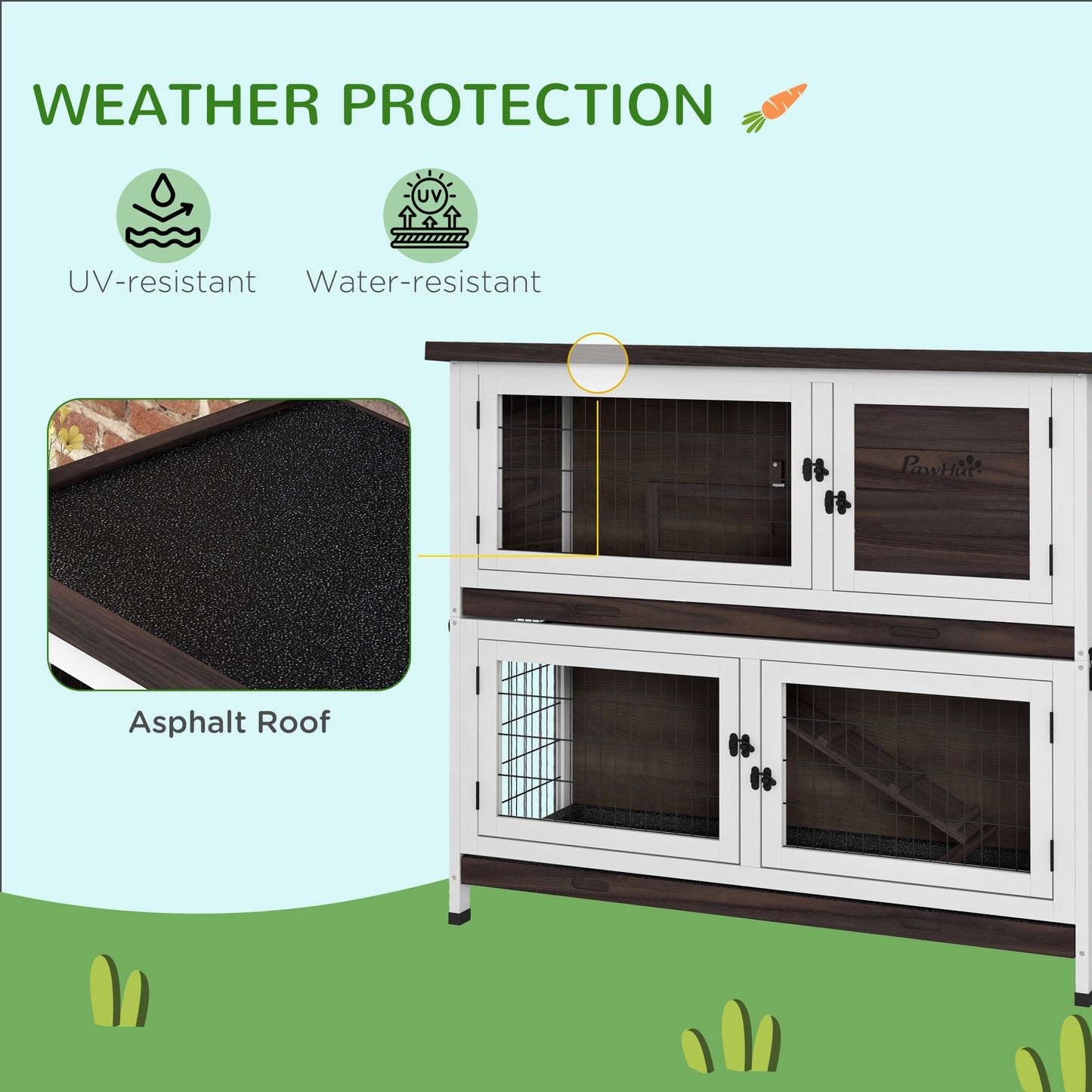 PawHut Rabbit Hutch, Outdoor 2-Tier Rabbit Cage, 46" Wooden Guinea Pig Cage with Double Removable Trays, Ramp, Asphalt Roof for 1-2 Rabbits, No Screws Easy Installation, Brown