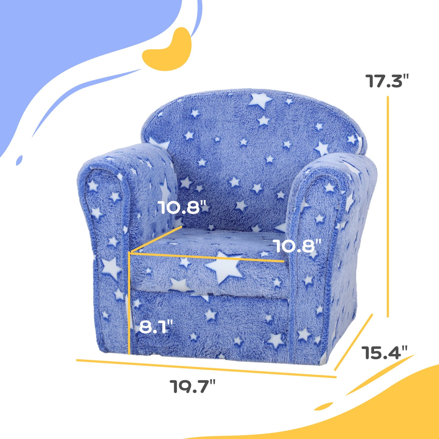 Qaba Kids Sofa Chair, Toddler Sofa with Glow in the Dark Star Design & Wooden Frame, Upholstered Baby Sofa for 18-36 Months for Bedroom, Livingroom, Playroom, Kid Room, Blue