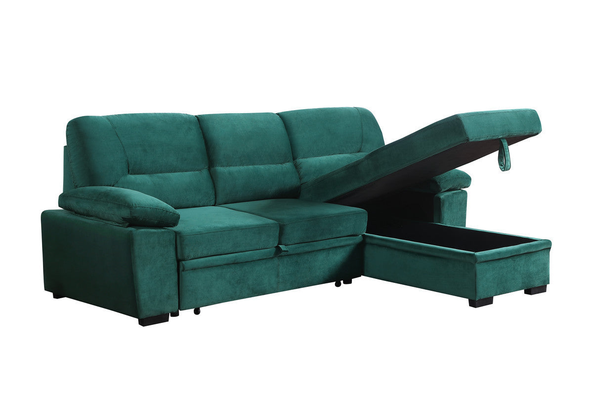 Kipling 97.5" Green Velvet Fabric Reversible Sleeper Sectional Sofa Chaise