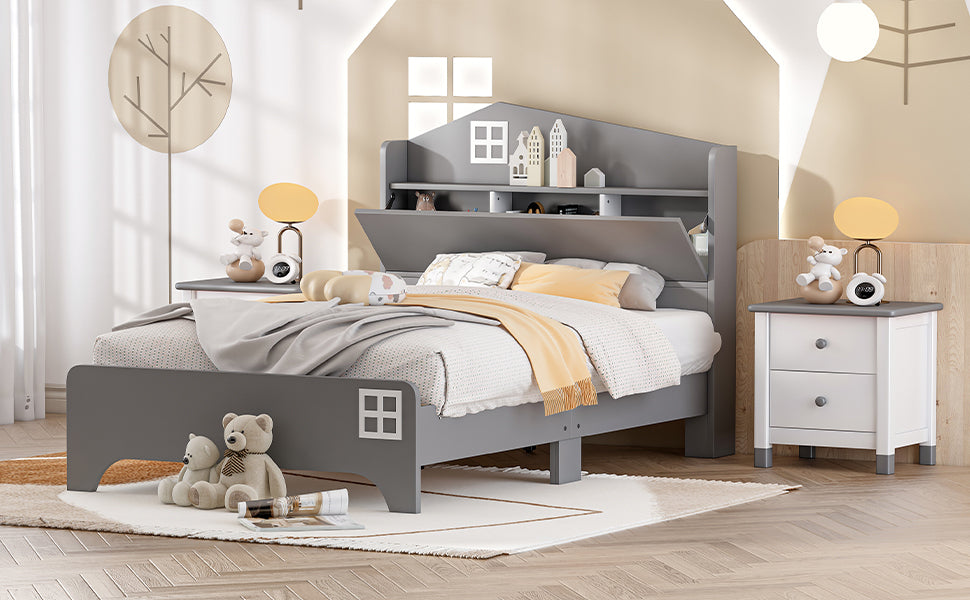 Wooden Twin Size House Bed with Storage Headboard ,Kids Bed with Storage Shelf,Grey