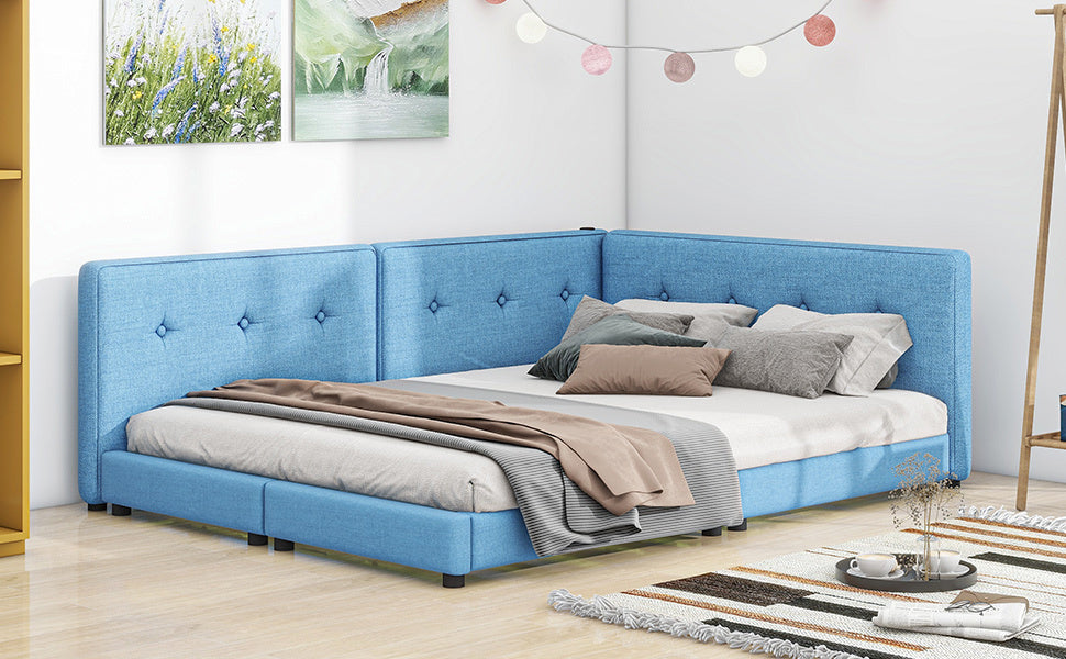 Upholstered Queen Size platform bed with USB Ports, Blue