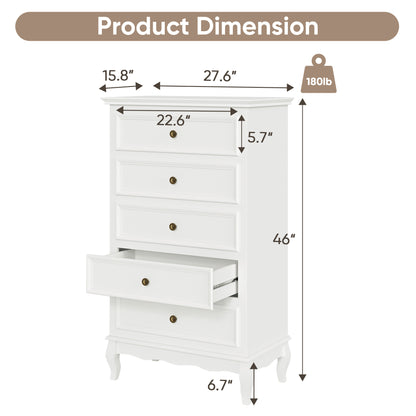 5 Drawer Dresser for Bedroom, Modern Storage Closet Cabinet Organizerwith Solid Wood Legs and Painted Finish-White