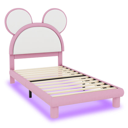 Twin Size Upholstered Platform Bed with Cartoon Ears Shaped Headboard and LED, White&Pink