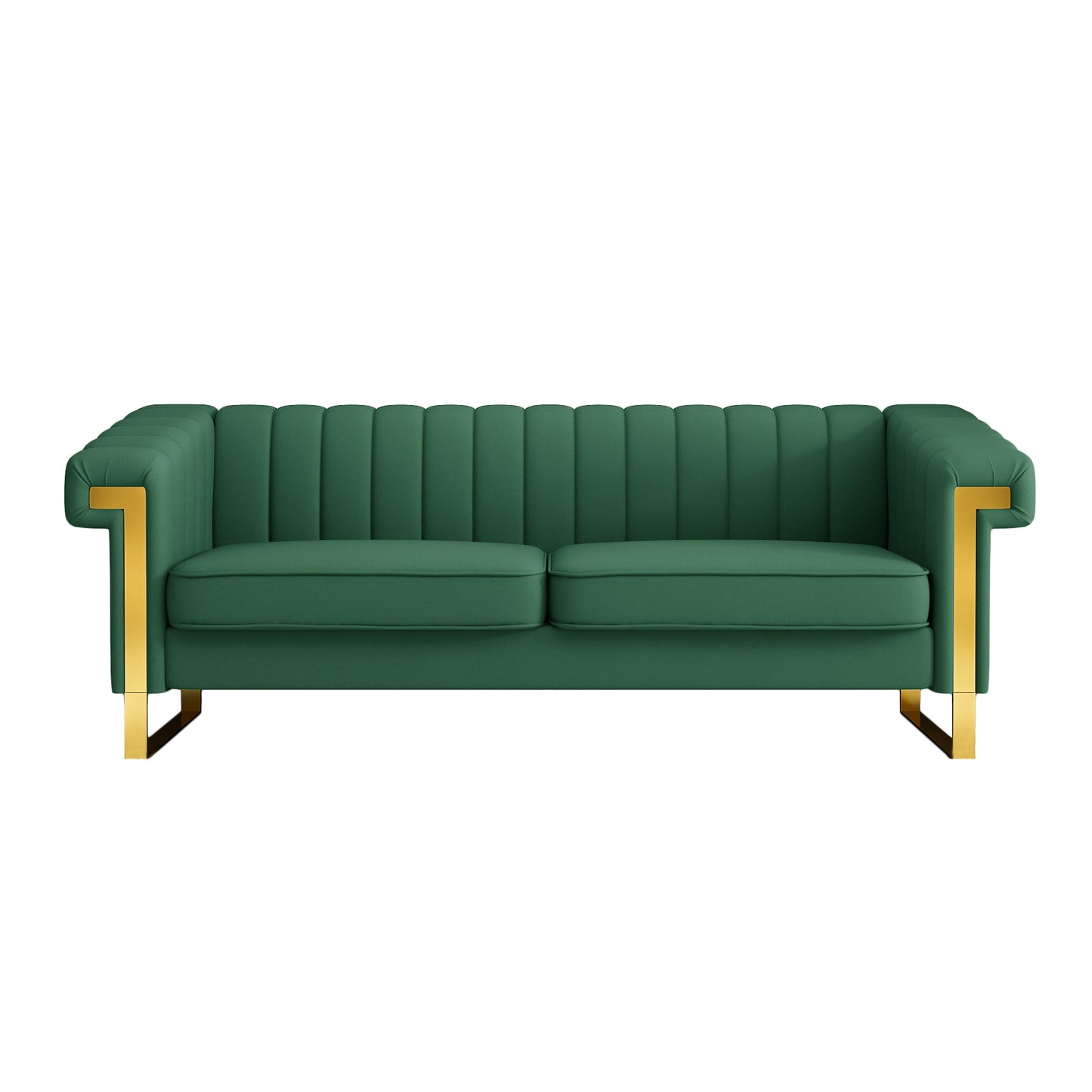 FX-P81PU-GR SOFA  Modern Green PU  Sofa with Gold Accents - Sleek Channel-Tufted Upholstery, 3-Seat Couch for Living Room and Office Decor(TEMU Suitable)