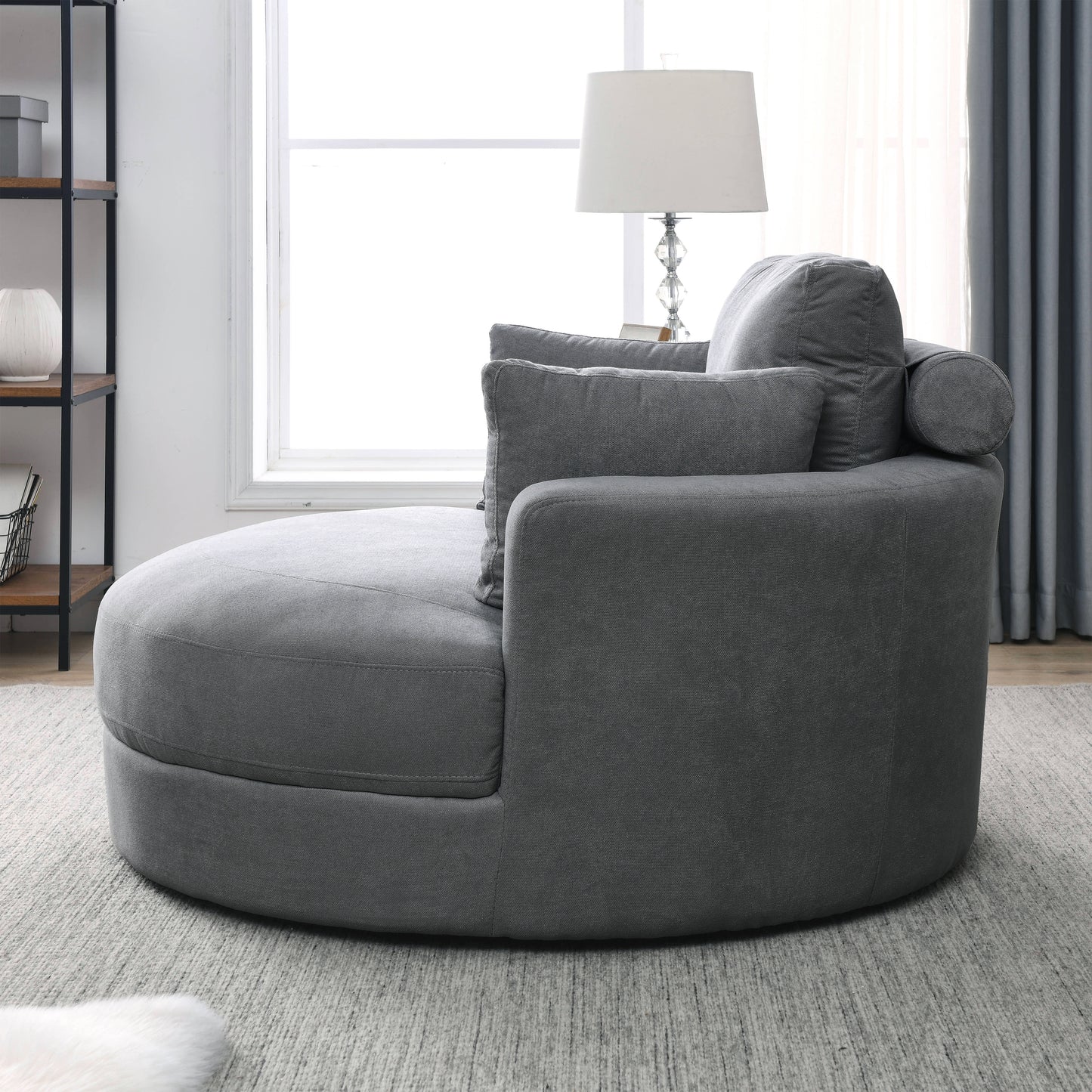 Welike Swivel Accent Barrel Modern Dark Grey Sofa Lounge Club Big Round Chair with Storage Ottoman Linen Fabric for Living Room Hotel with Pillows,2PCS.