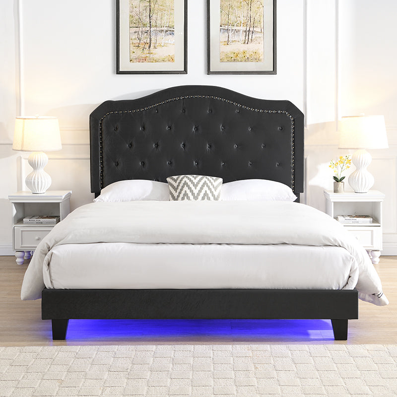 Upholstered Bed Button Tufted with Curve Design - Strong Wood Slat Support - Easy Assembly - Black Velvet - With LED light-platform bed - Queen