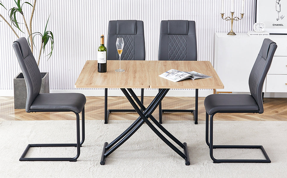 Modern minimalist multifunctional lift table with 0.8-inch MFC tabletop and black metal legs, can be used as dressing table, coffee table, dining table, and office desk.  LT-10055