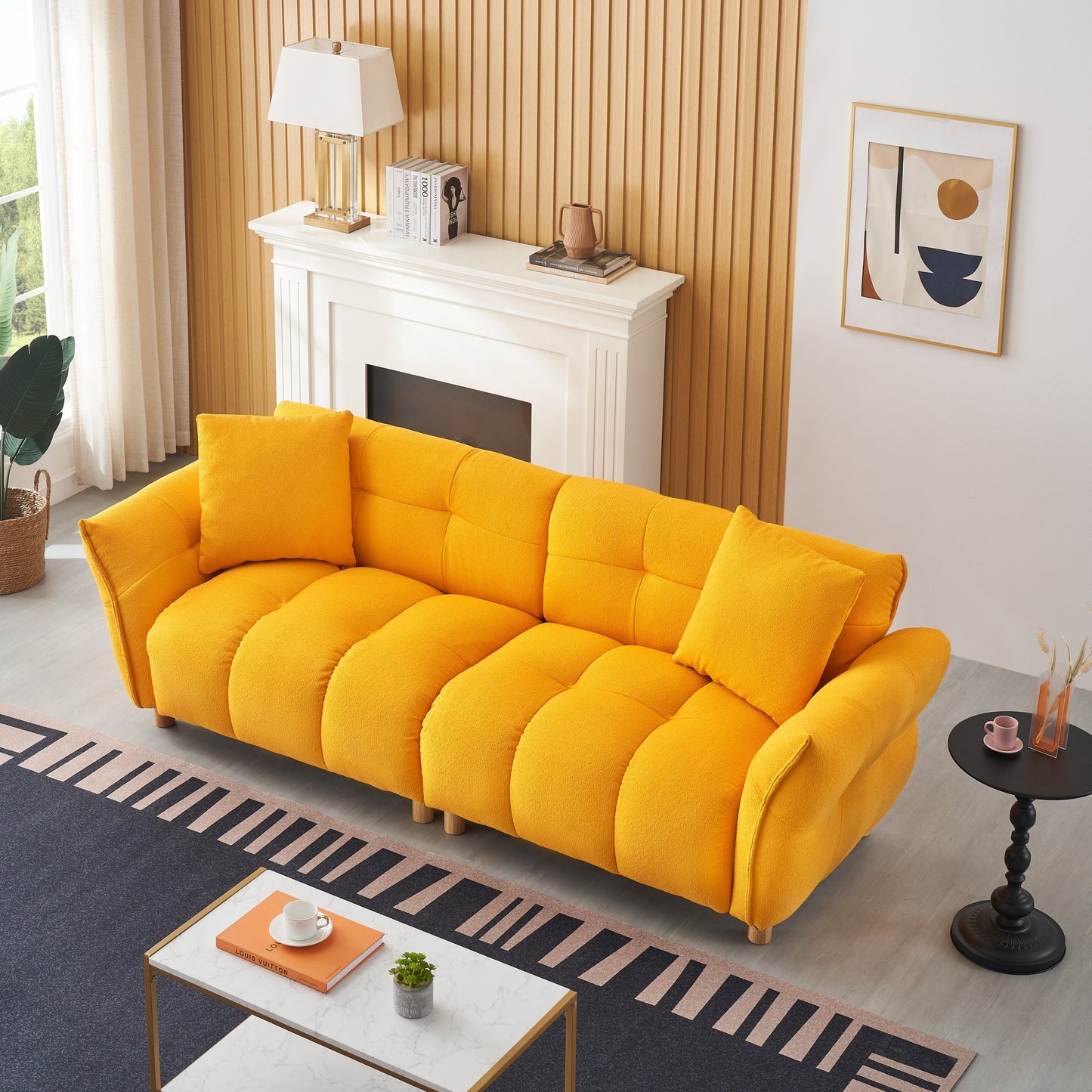 93.70 inches long, Teddy Sofa Fabric,with two matching pillows and three spacious and comfortable seats, for Apartment Office Living Room - Yellow