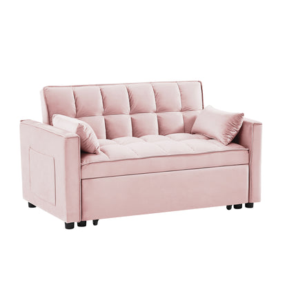 Modern Velvet Loveseat Futon Sofa Couch w/Pullout Bed,Small Love Seat Lounge Sofa w/Reclining Backrest,Toss Pillows, Pockets,Furniture for Living Room,3 in 1 Convertible Sleeper Sofa Bed, pink