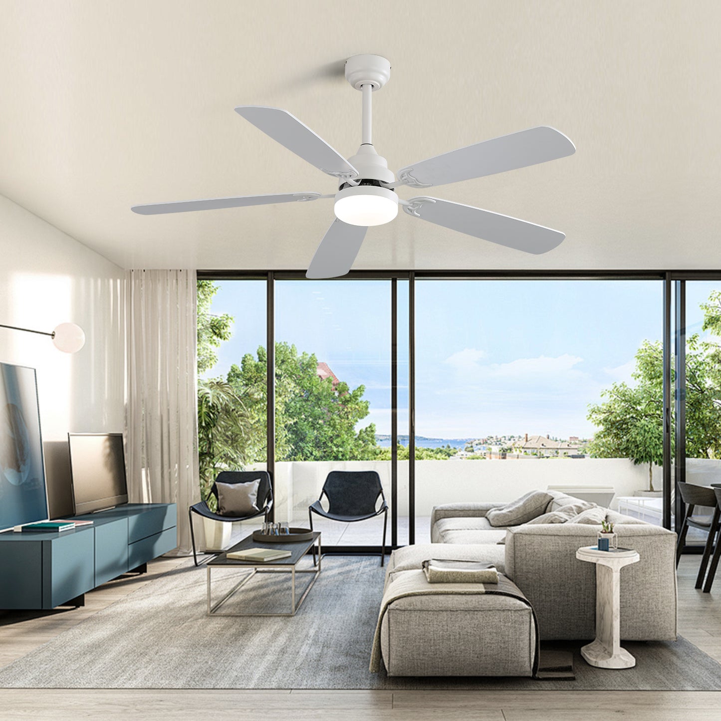 Indoor Modern 52 Inch Ceiling Fan With Dimmable 6 Speed Wind 5 Blades Remote Control Reversible DC Motor With Led Light