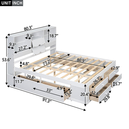 King Size Platform Bed with Storage Headboard and 8 Drawers, White