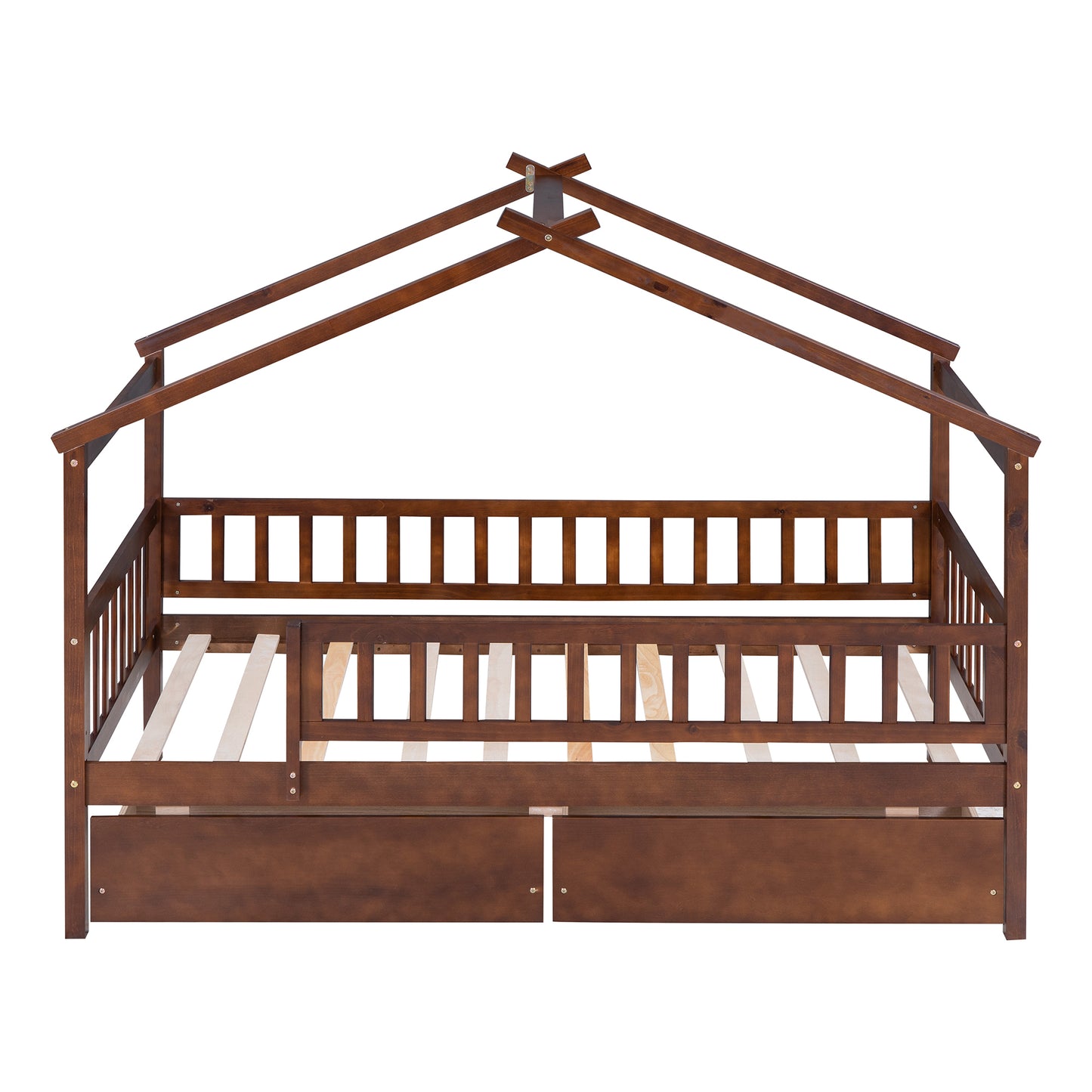 Twin Size Wooden House Bed with Two Drawers, Walnut