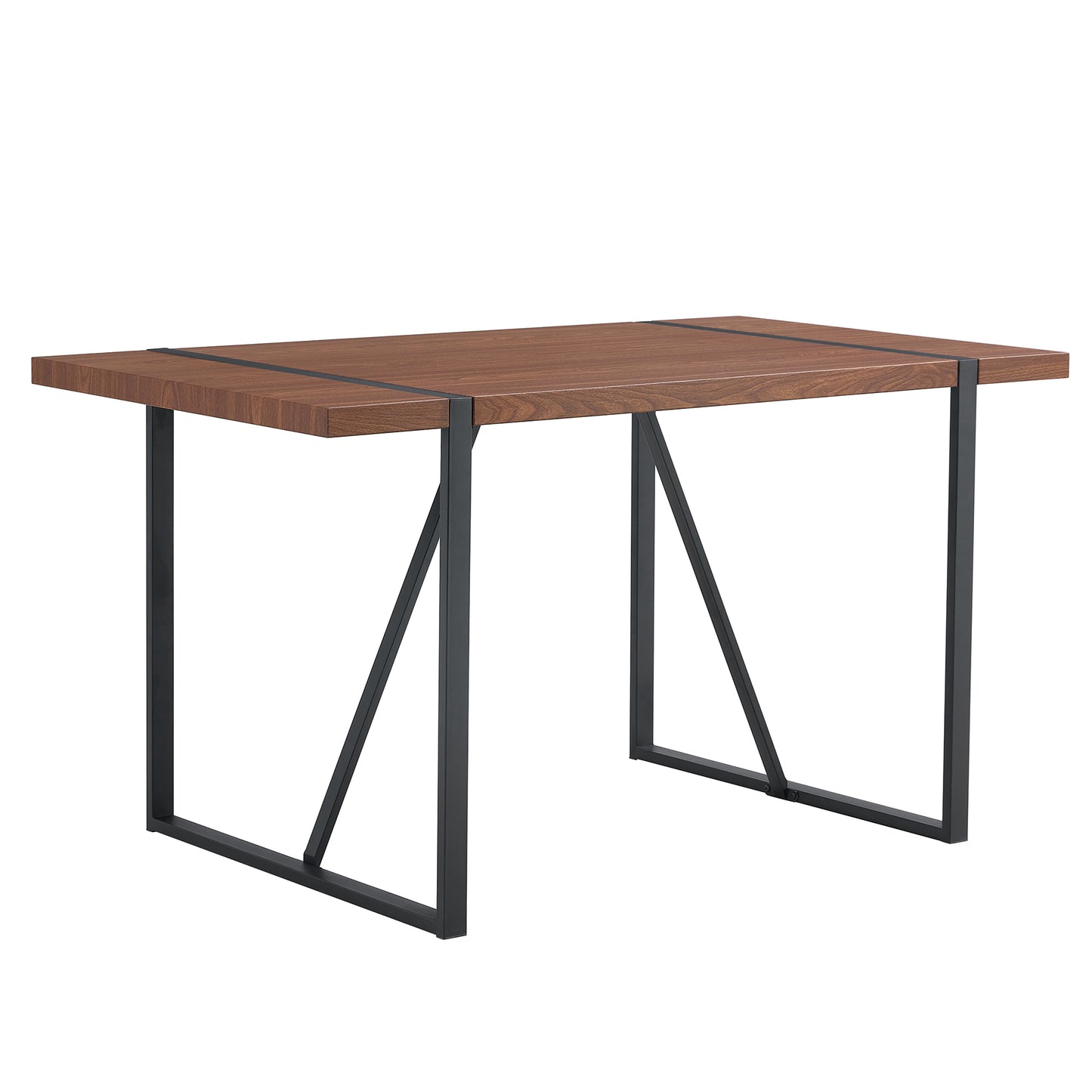 Industrial Rectangular MDF Walnut Color Wood Grain Dining Table for 4-6 people with 1.5 inch thick MDF top and black metal legs for desks, kitchens, patios, dining rooms.