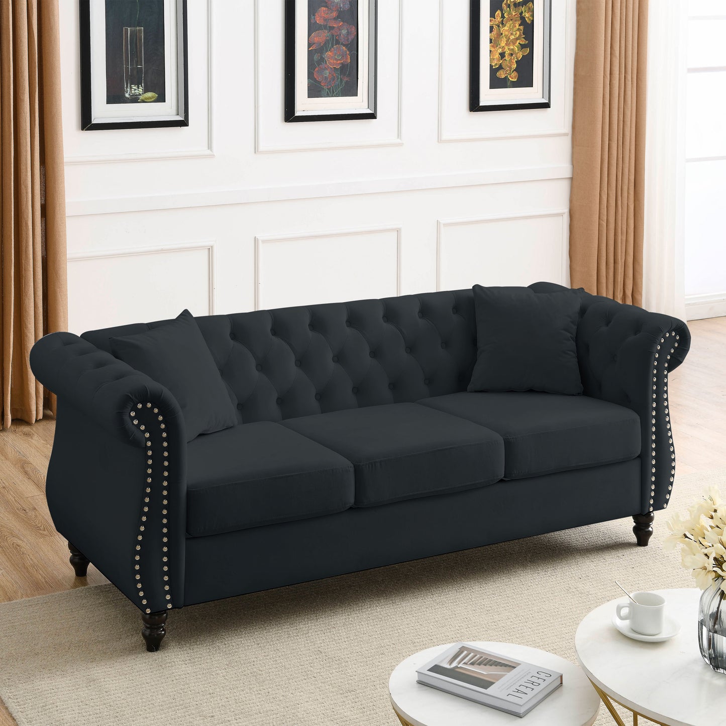 [Video] 80" Chesterfield Sofa Black Velvet for Living Room, 3 Seater Sofa Tufted Couch with Rolled Arms and Nailhead for Living Room, Bedroom, Office, Apartment, two pillows