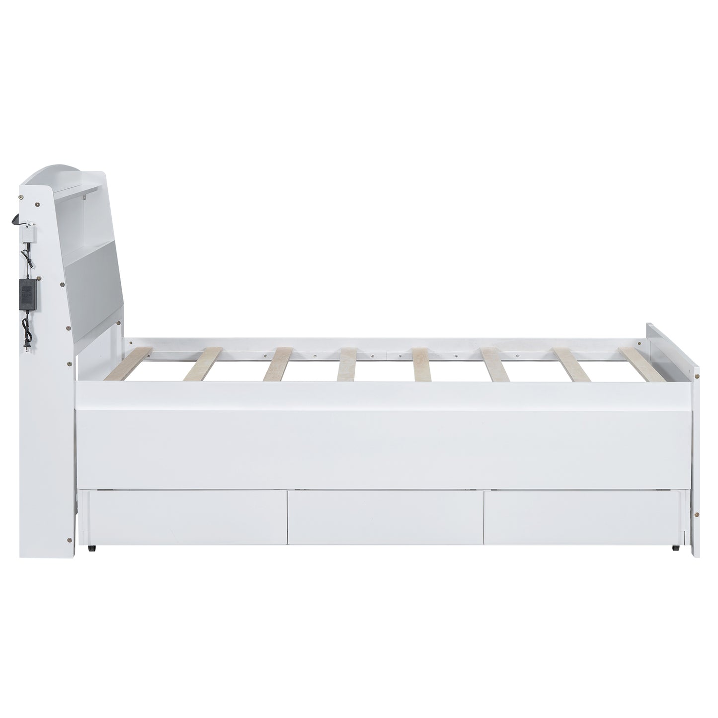 Twin Size Platform Bed with Storage LED Headboard, Twin Size Trundle and 3 Drawers, White