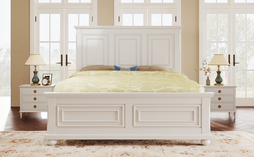 Traditional Town and Country Style Pinewood Vintage King Bed, White