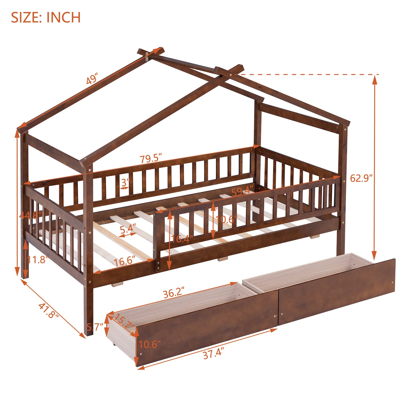 Twin Size Wooden House Bed with Two Drawers, Walnut