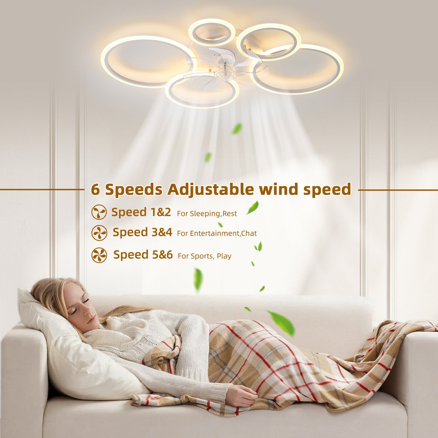 39Inches White Ceiling Fan with Lights, Remote Control and APP Control, Dimmable with Remote, 7 Blades, 6 Speeds of Wind