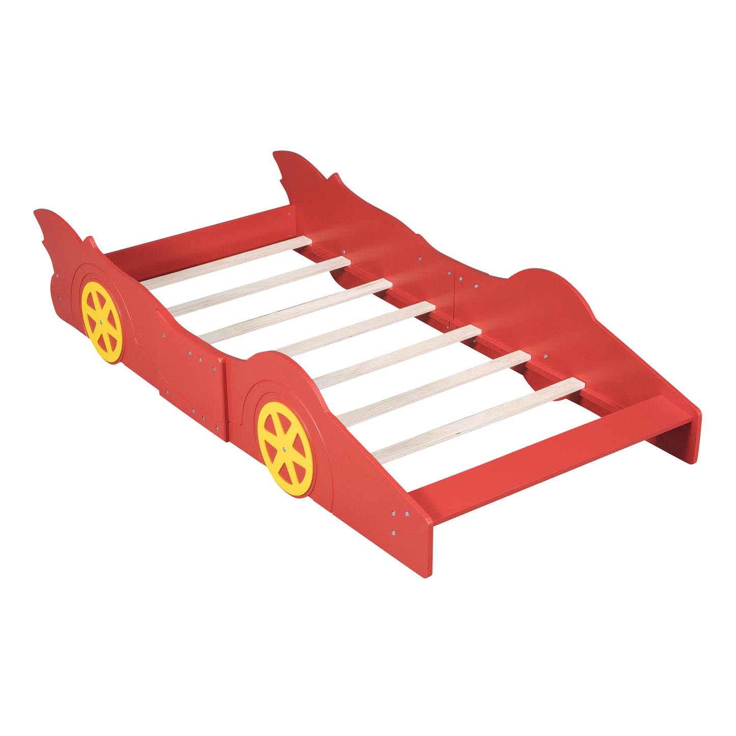 Twin Size Race Car-Shaped Platform Bed with Wheels,Red