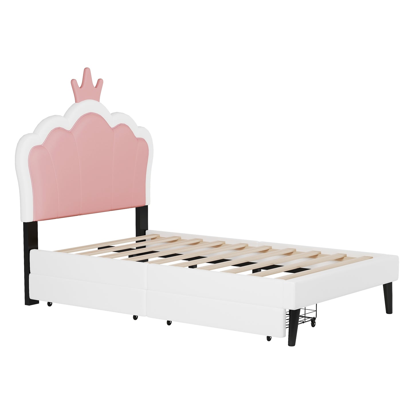 Twin Size Upholstered Princess Bed With Crown Headboard and 2 Drawers,Twin  Size Platform Bed with Headboard and Footboard, Pink+White