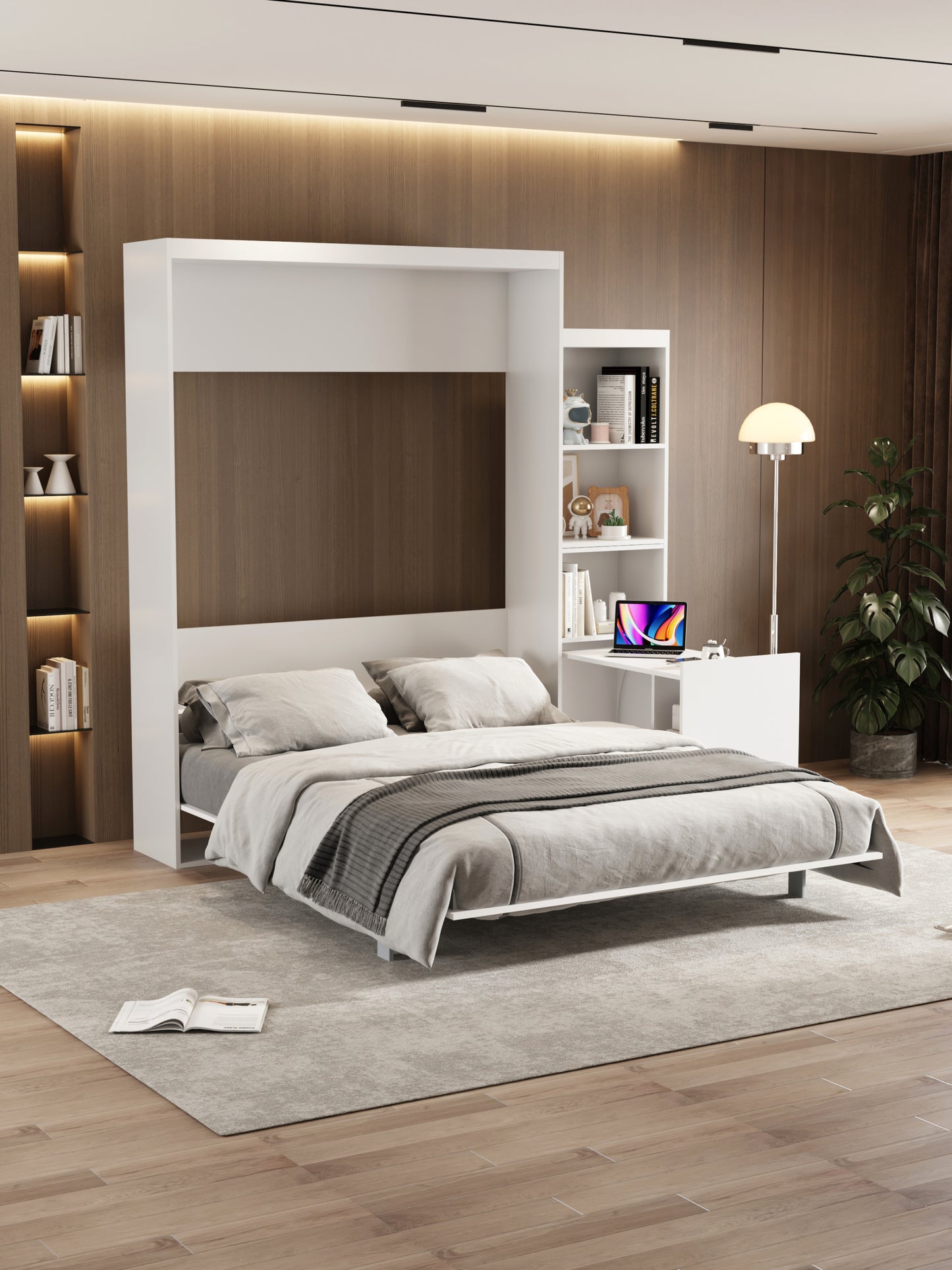 Queen  Size Morden Deisgn Big Size Vertical Murphy Bed with table and shelf  for Bedroom or Guestroom White Wall Bed Space Saving Hidden Bed with New Style Gas Struts