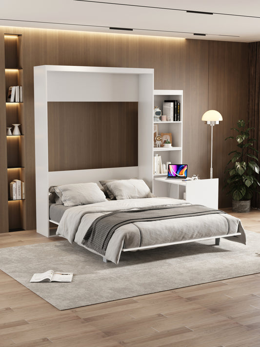 Queen  Size Morden Deisgn Big Size Vertical Murphy Bed with table and shelf  for Bedroom or Guestroom White Wall Bed Space Saving Hidden Bed with New Style Gas Struts