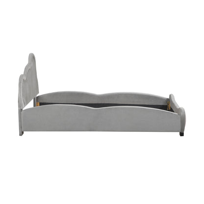 Twin Size Velvet Platform Bed with Bear-Shaped Headboard, with Bed-End Storage Pocket, Gray