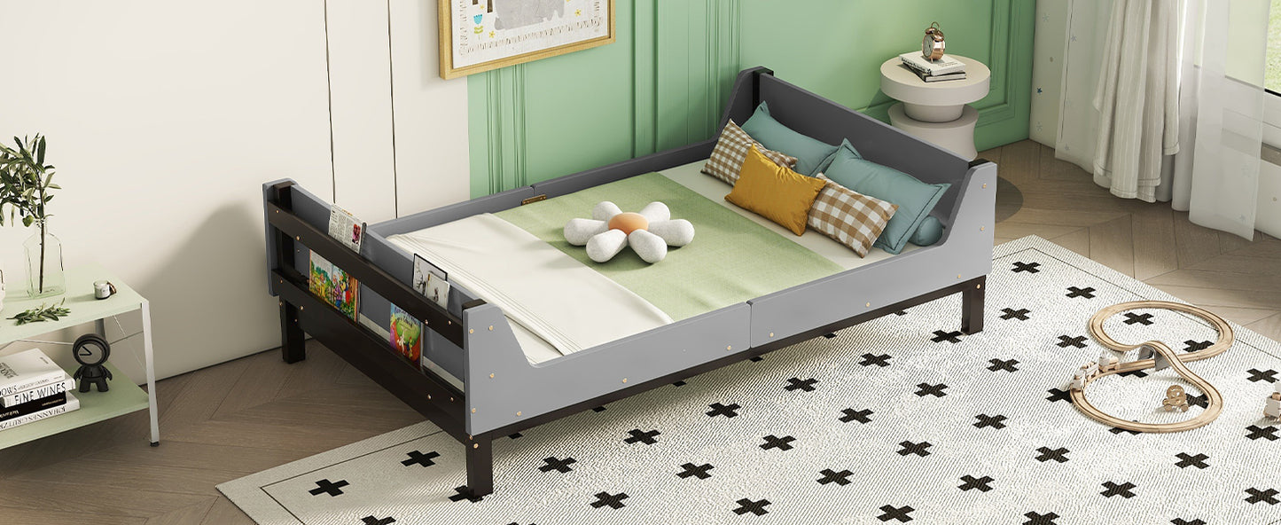 Twin Bed with Headboard, Footboard, Safeguards,  Built-in Bed-end Book Storage Rack ,Grey