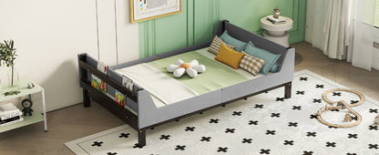 Twin Bed with Headboard, Footboard, Safeguards,  Built-in Bed-end Book Storage Rack ,Grey