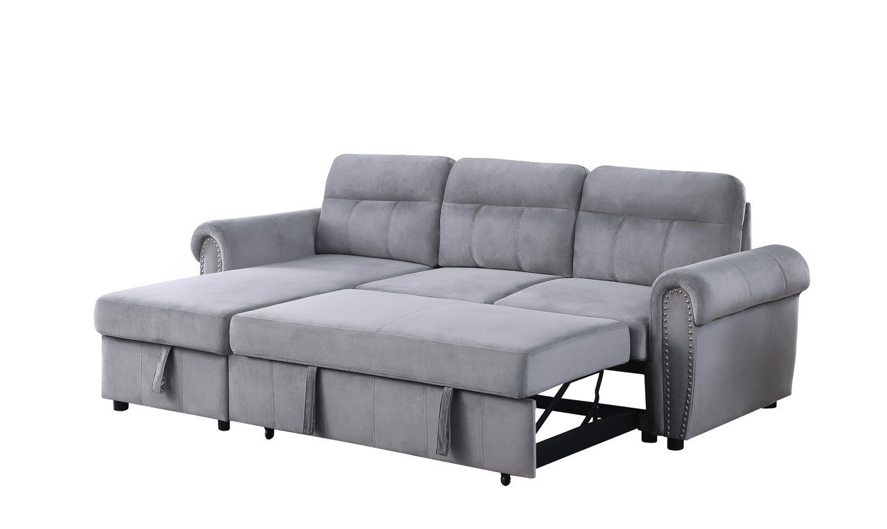 Ashton 96.5" Gray Velvet Fabric Reversible Sleeper Sectional Sofa Chaise