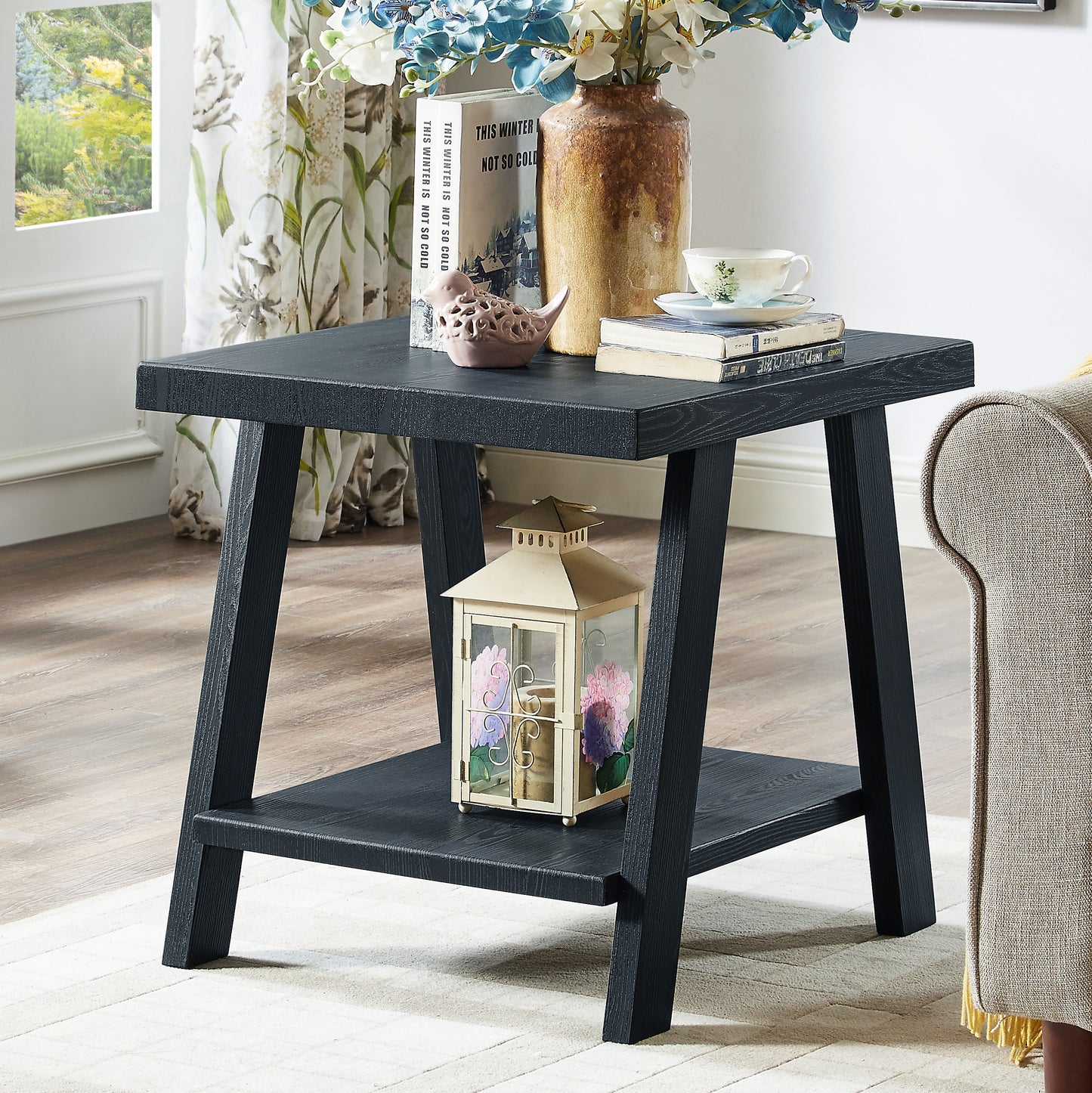 Athens Contemporary Replicated Wood Shelf End Table in Black Finish