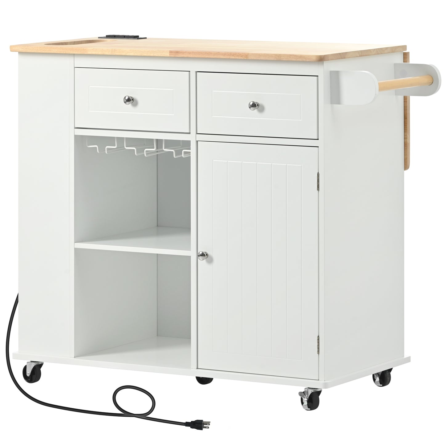 Kitchen Island with Power Outlet,Kitchen Storage Island with Drop Leaf and Rubber Wood,Open Storage and Wine Rack,5 Wheels,with Adjustable Storage for Home, Kitchen, and Dining Room,White