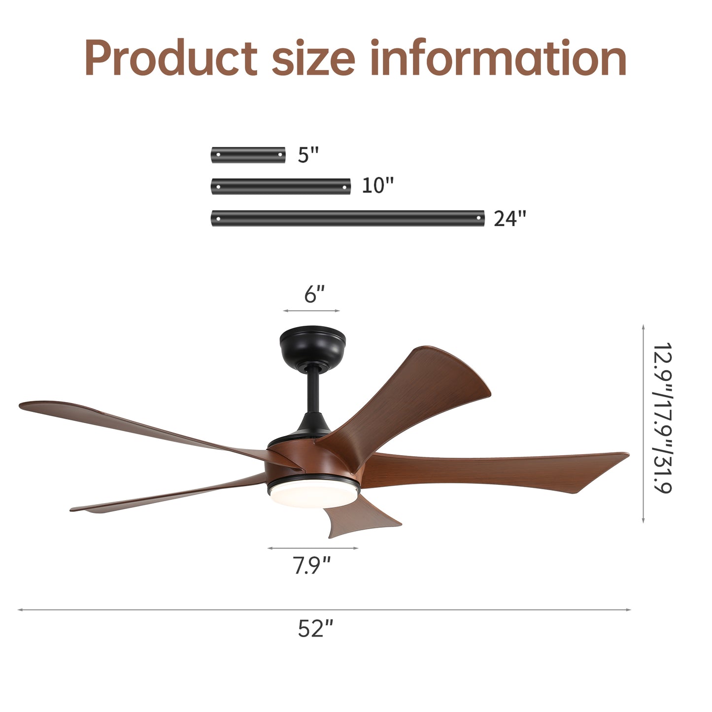 52 Inch Modern Ceiling Fan With 3 Color Dimmable 5 ABS Blades Remote Control Reversible DC Motor With Led Light