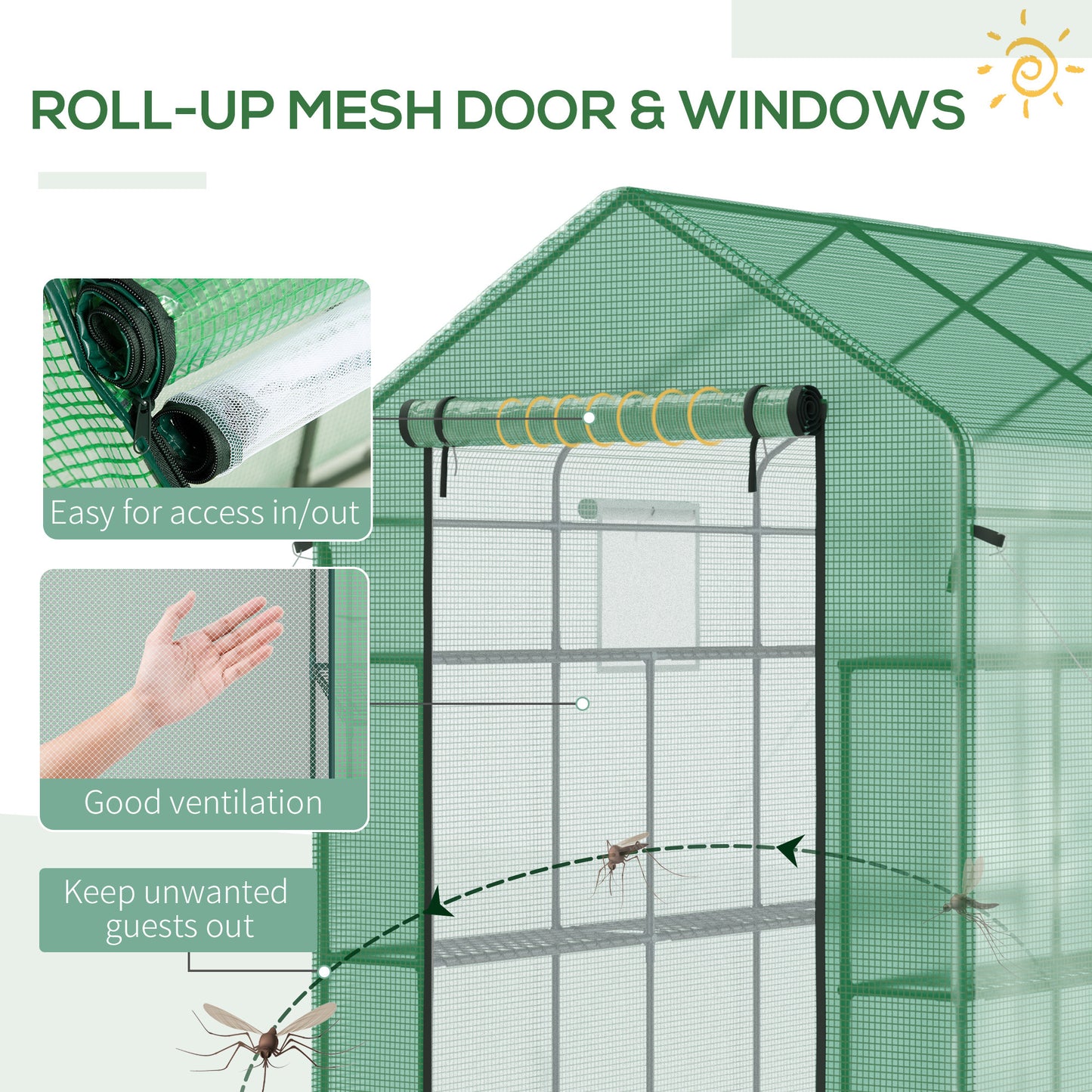 Outsunny 7' x 5' x 6' Walk-in Greenhouse with Mesh Door and Windows, 18 Shelf Hot House with Trellis, Plant Labels, UV protective for Growing Flowers, Herbs, Vegetables, Saplings, Green