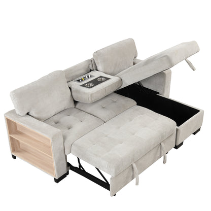 Stylish and Functional Light Chaise Lounge Sectional with Storage Rack Pull-out Bed Drop Down Table  and USB Charger Light Gray