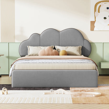 Queen size Upholstered Platform Bed with Cloud-shaped Headboard, Gray