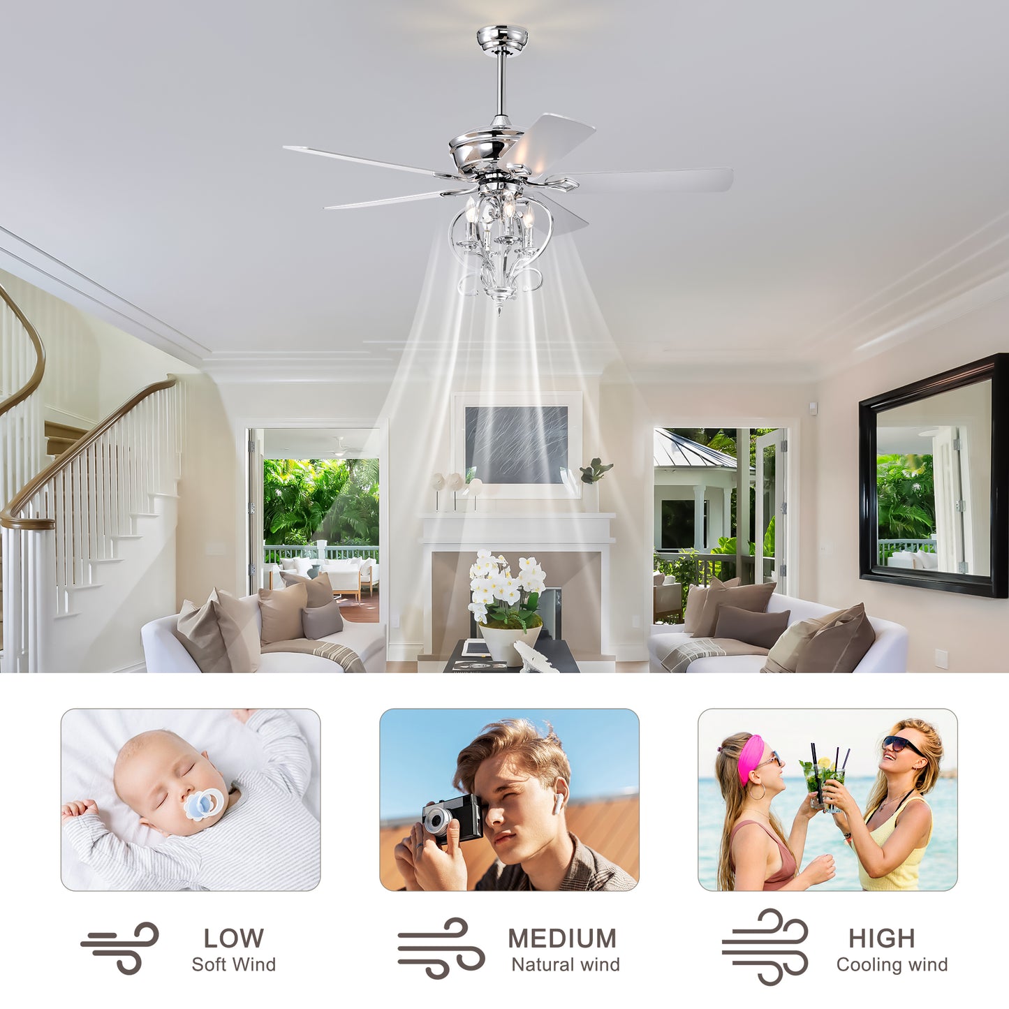 52 inch 4 Lights Ceiling Fan with 5 Wood Blades, Two-color fan blade, AC Motor, Remote Control, Reversible Airflow, 3-Speed, Adjustable Height, Traditional Ceiling Fan for home decorate (Silver)