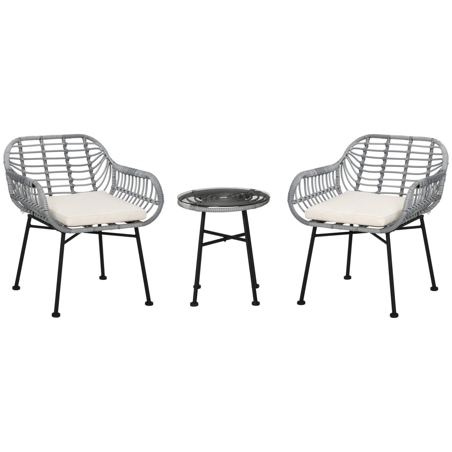 Outsunny 3 Piece Patio Set, Outdoor Bistro Furniture, PE Rattan Wicker Table and Chairs, Cushioned, Hand Woven, Modern Look with Tempered Glass for Garden, Porch, Pool, Backyard, Cream White