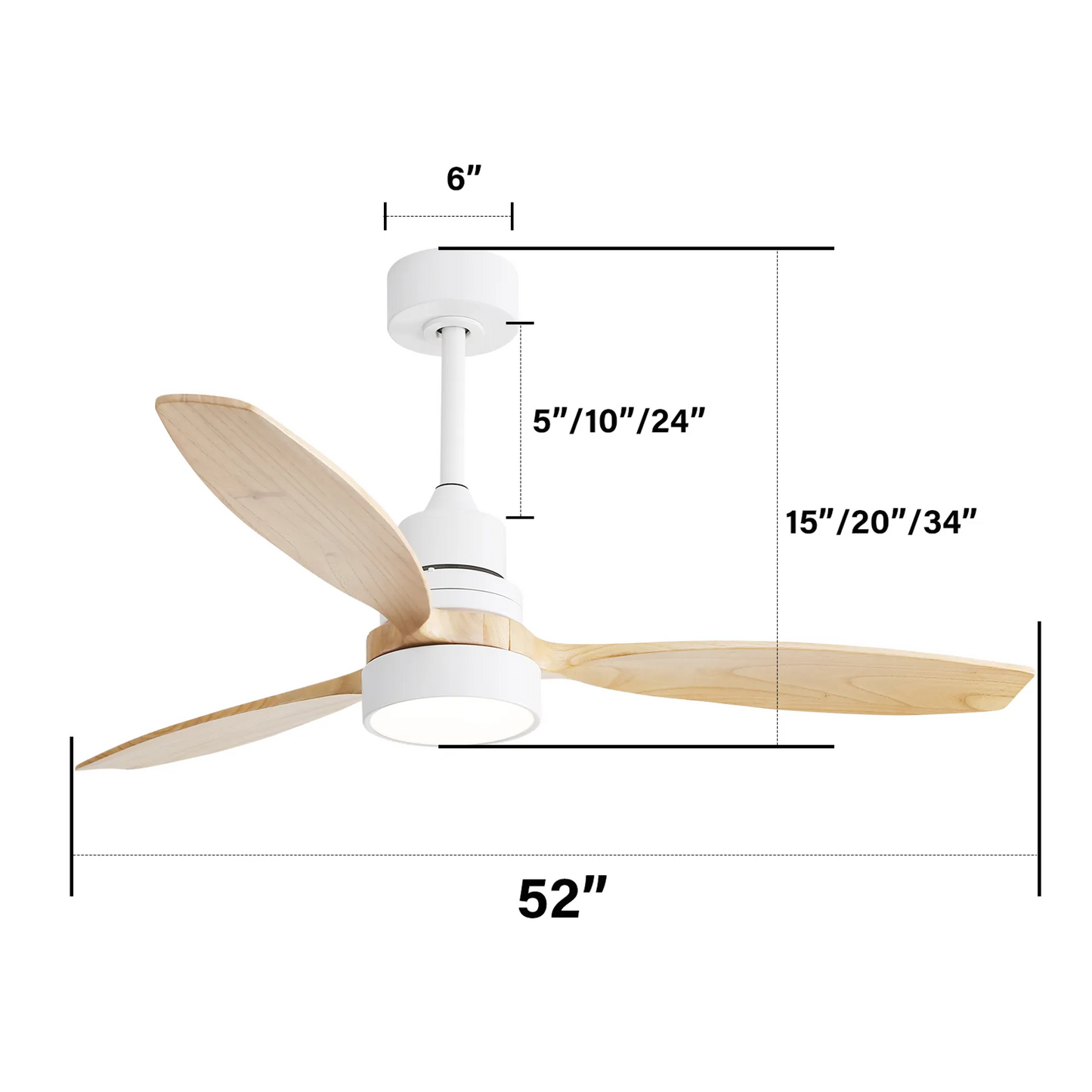 52 Inch Indoor Modern Ceiling Fan White 3 Solid Wood Blades Remote Control Reversible DC Motor With Led Light