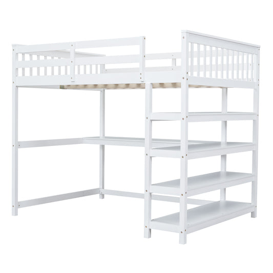 White Full Size Loft Bed with Storage Shelves and Under-bed Desk, Solid Pine Wood and MDF, 79.7''L x 57.2''W x 68.3''H