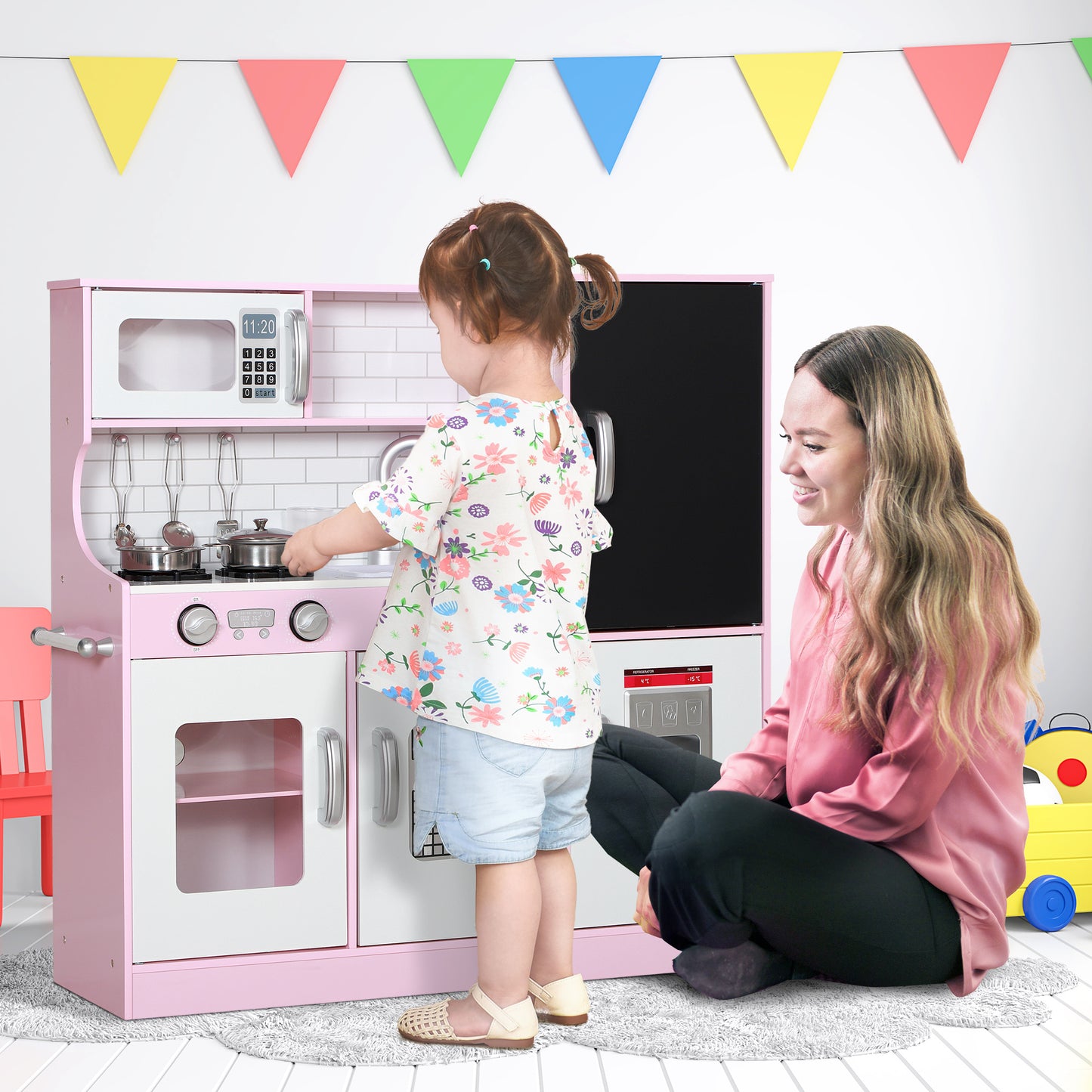 Qaba Play Kitchen, Kids Kitchen Playset Pretend Play Toy Kitchen with Play Phone, Chalkboard, Towel Rack, Ice Maker, 5 Accessories, Storage Space, Microwave & Sink, Gift for 3-8 Years, Pink